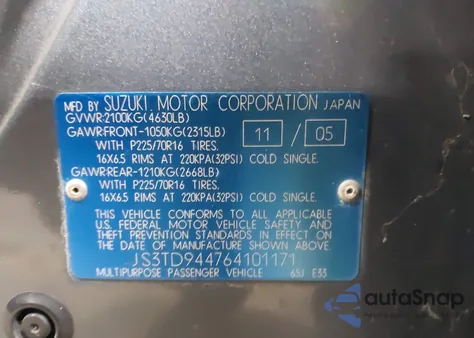 2006 Suzuki Grand Vitara Xsport from USA, damaged, VIN JS3TD944764101171